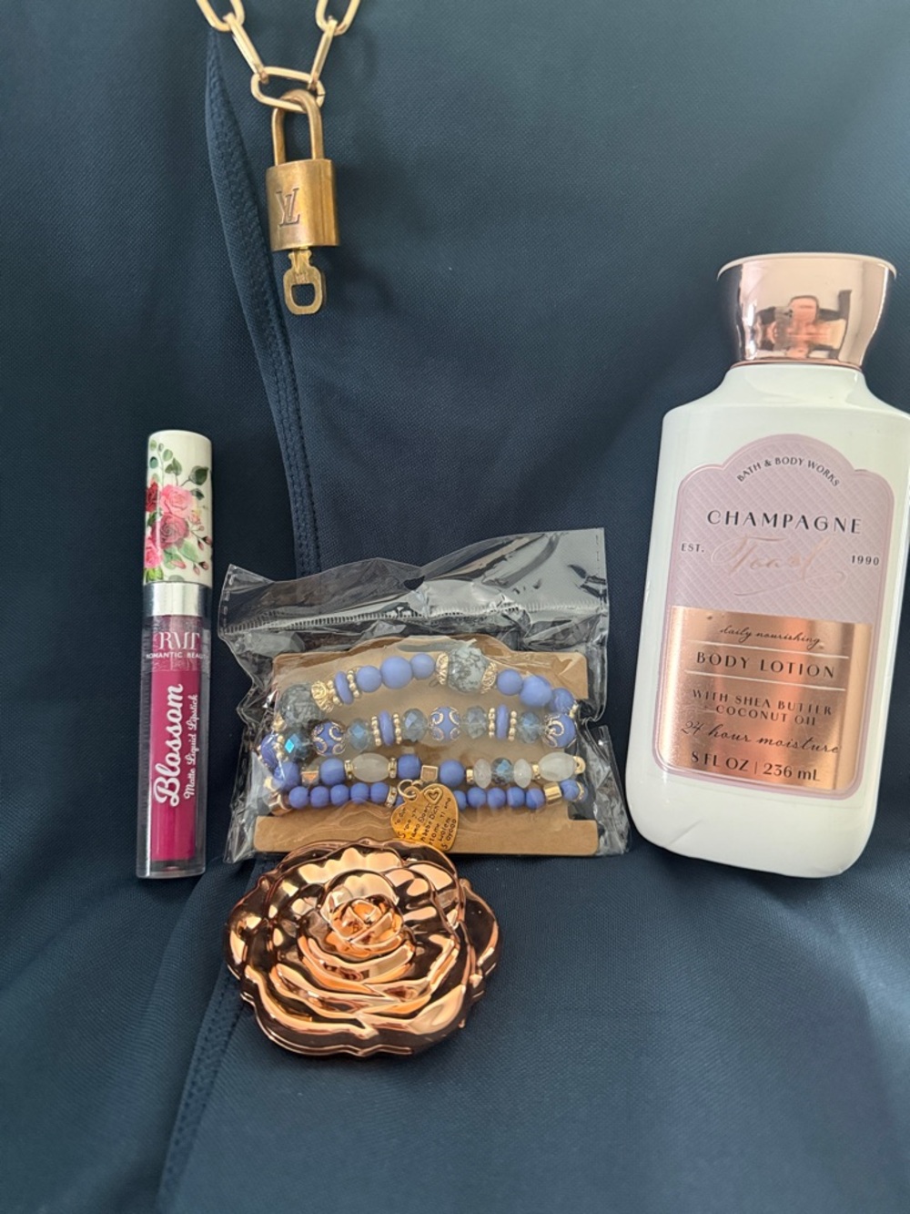 Gold LV Padlock Necklace & Lavender Beaded Bracelet Set body lotion and mirror